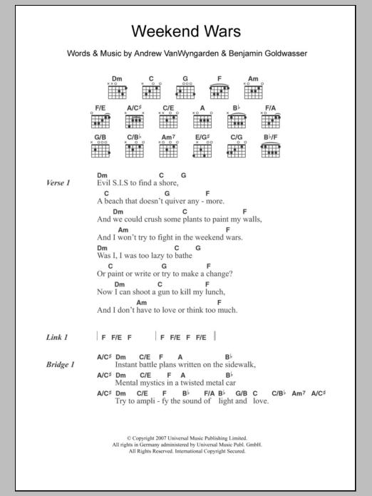 Download MGMT Weekend Wars Sheet Music and learn how to play Lyrics & Chords PDF digital score in minutes