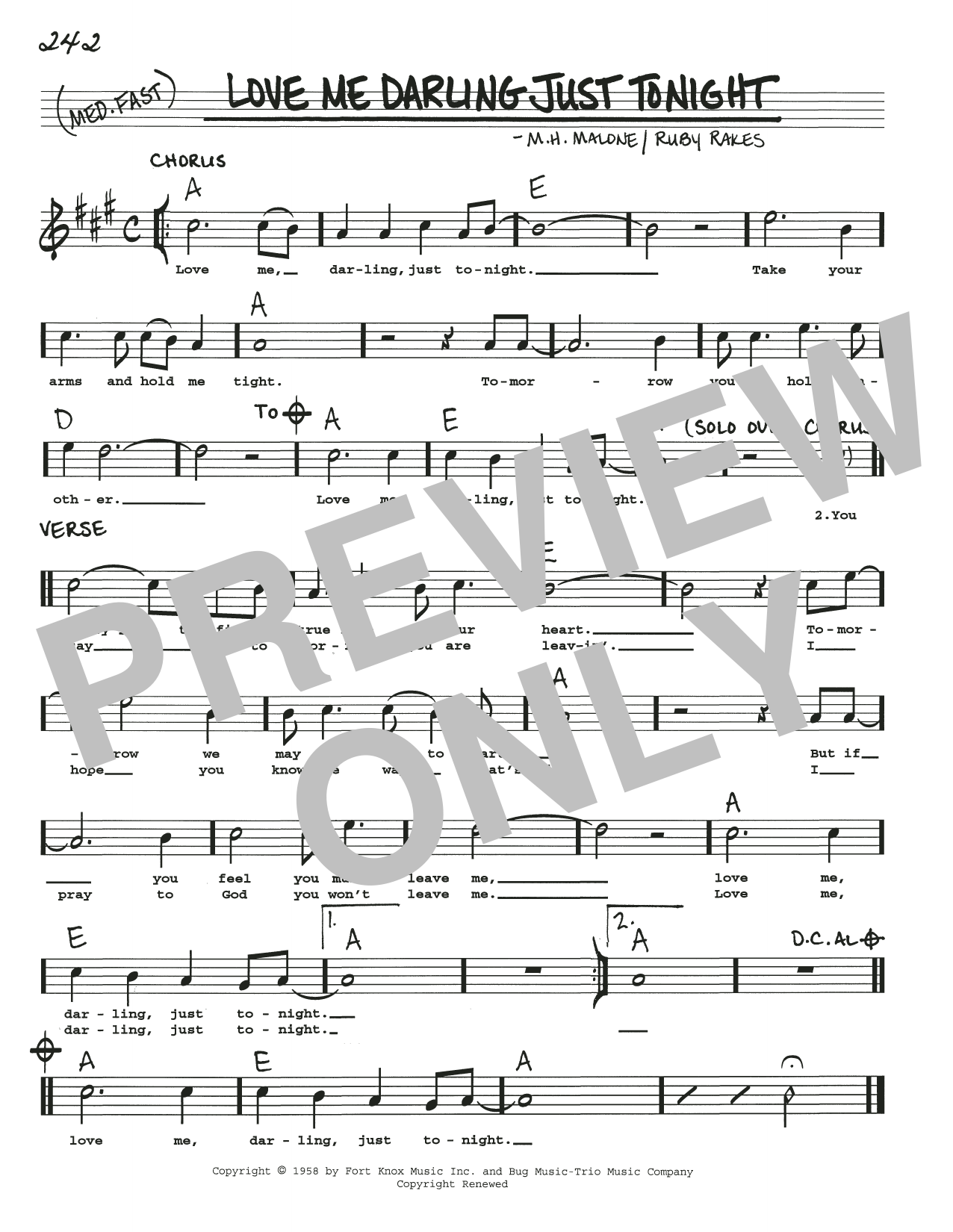 Download M.H. Malone Love Me Darling Just Tonight Sheet Music and learn how to play Real Book – Melody, Lyrics & Chords PDF digital score in minutes