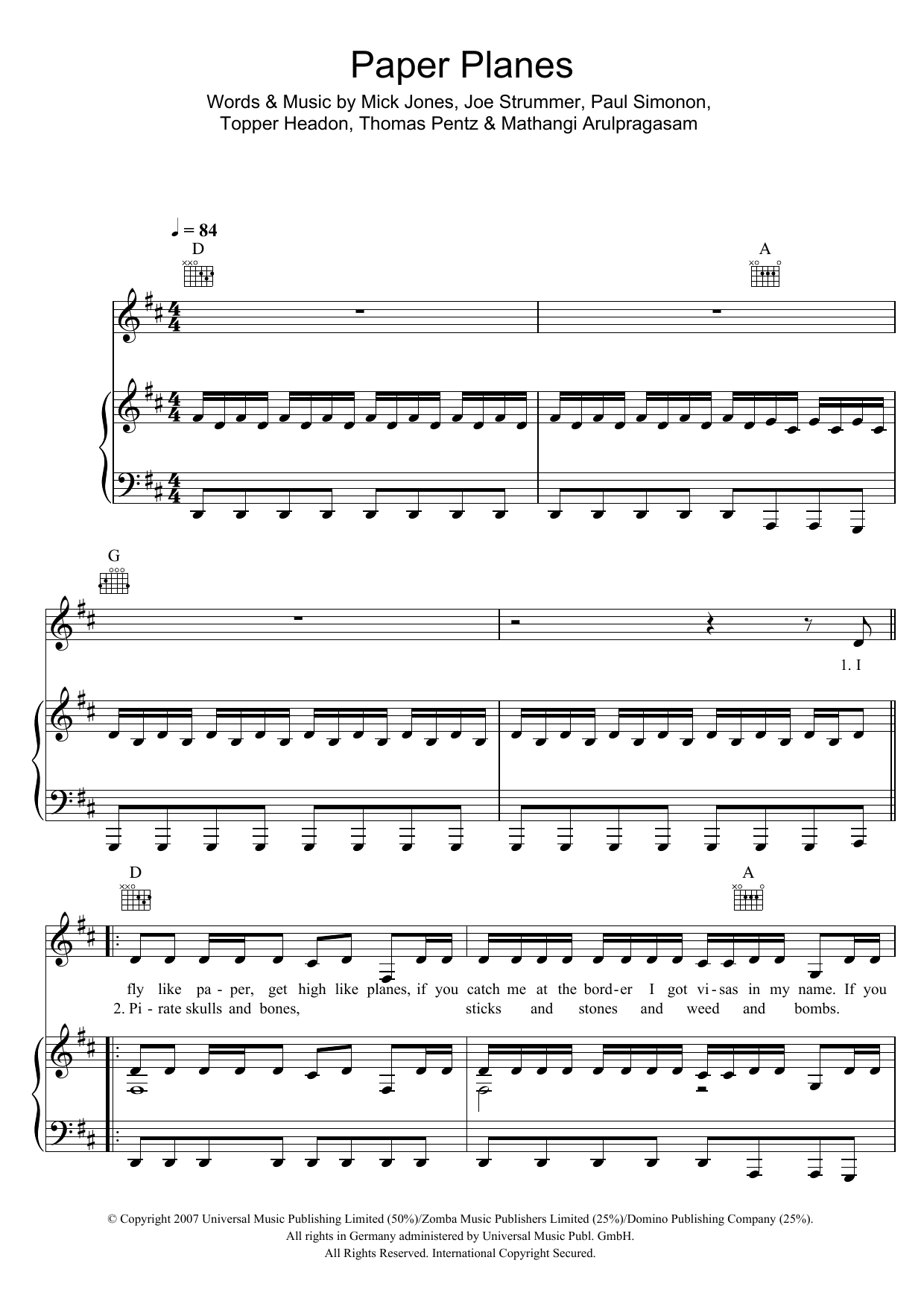 Download M.I.A. Paper Planes Sheet Music and learn how to play Piano, Vocal & Guitar (Right-Hand Melody) PDF digital score in minutes
