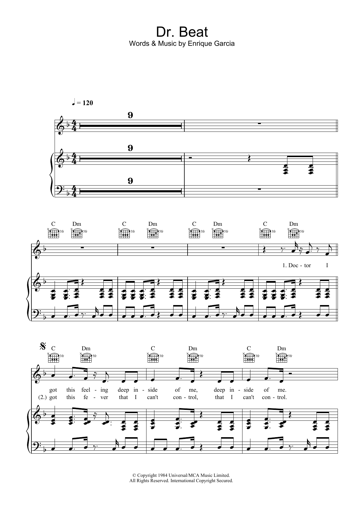 Download Miami Sound Machine Dr. Beat Sheet Music and learn how to play Piano, Vocal & Guitar (Right-Hand Melody) PDF digital score in minutes