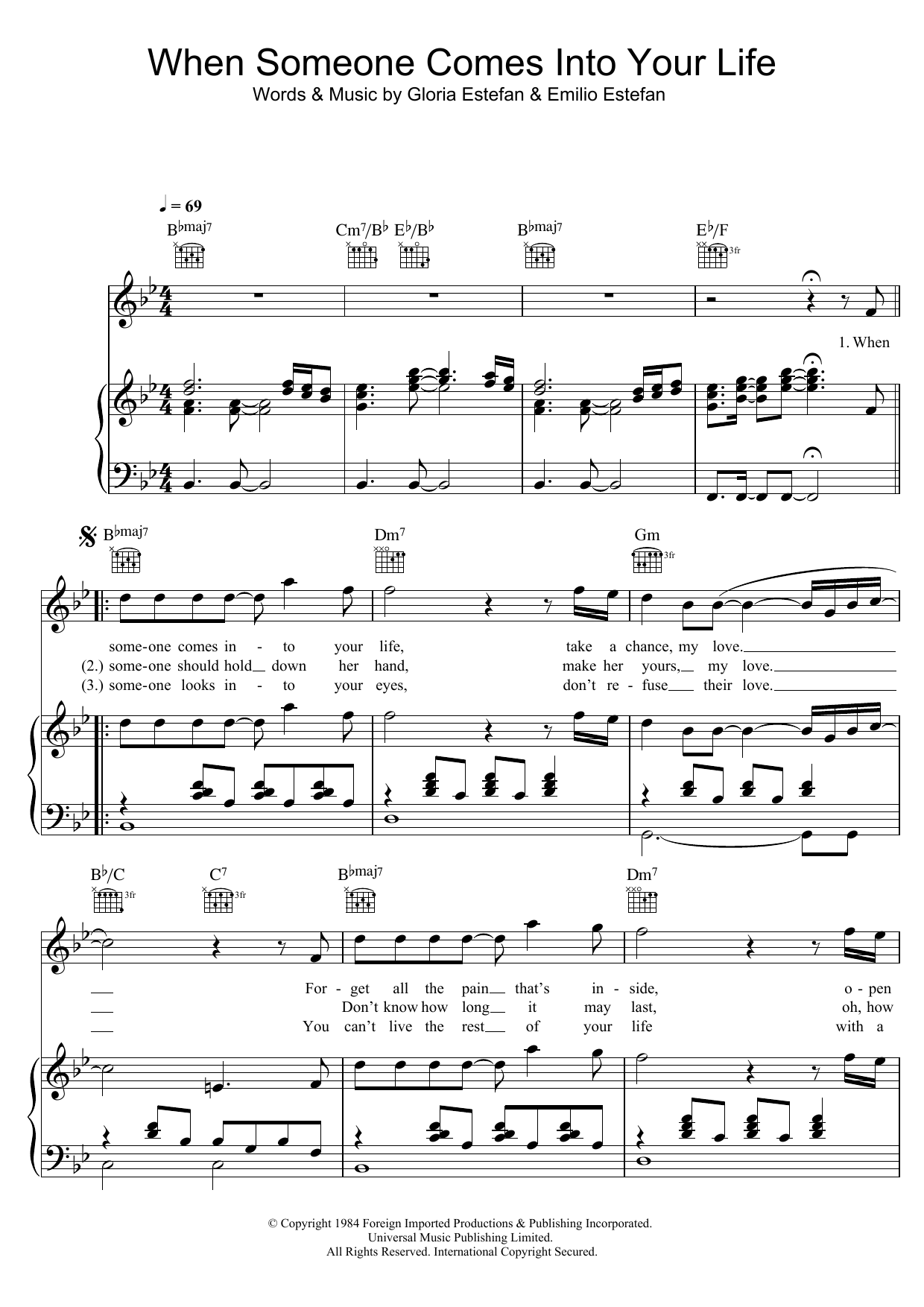 Download Miami Sound Machine When Someone Comes Into Your Life Sheet Music and learn how to play Piano, Vocal & Guitar (Right-Hand Melody) PDF digital score in minutes