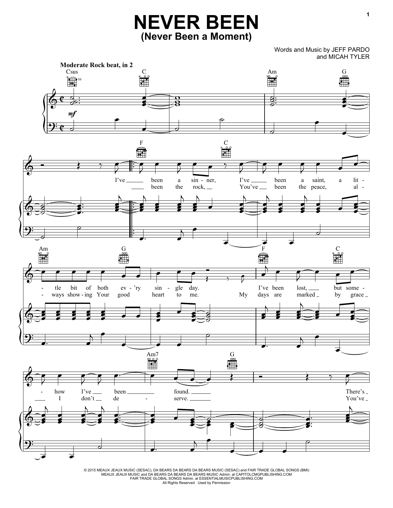 Download Micah Tyler Never Been (Never Been A Moment) Sheet Music and learn how to play Piano, Vocal & Guitar (Right-Hand Melody) PDF digital score in minutes