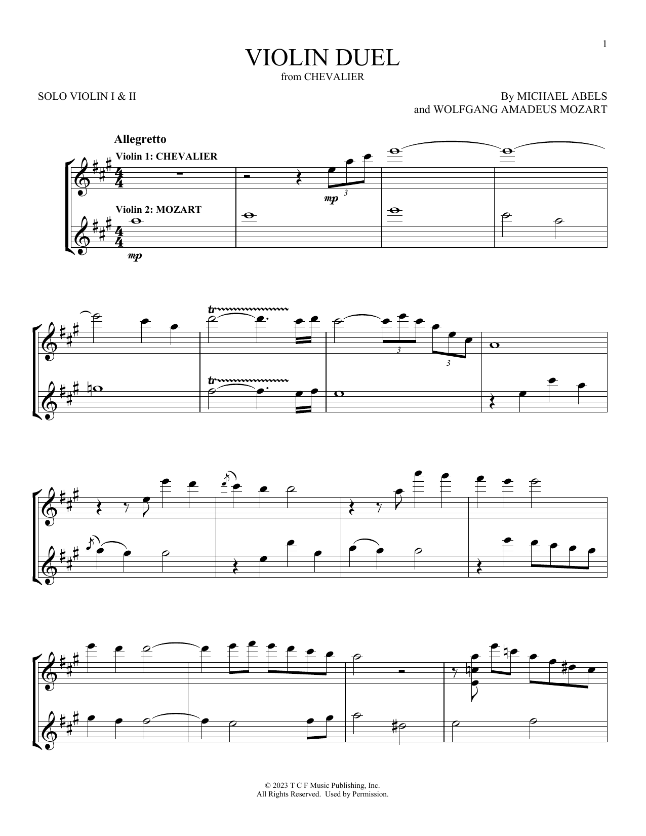 Download Michael Abels Violin Duel (from Chevalier) Sheet Music and learn how to play Violin Duet PDF digital score in minutes