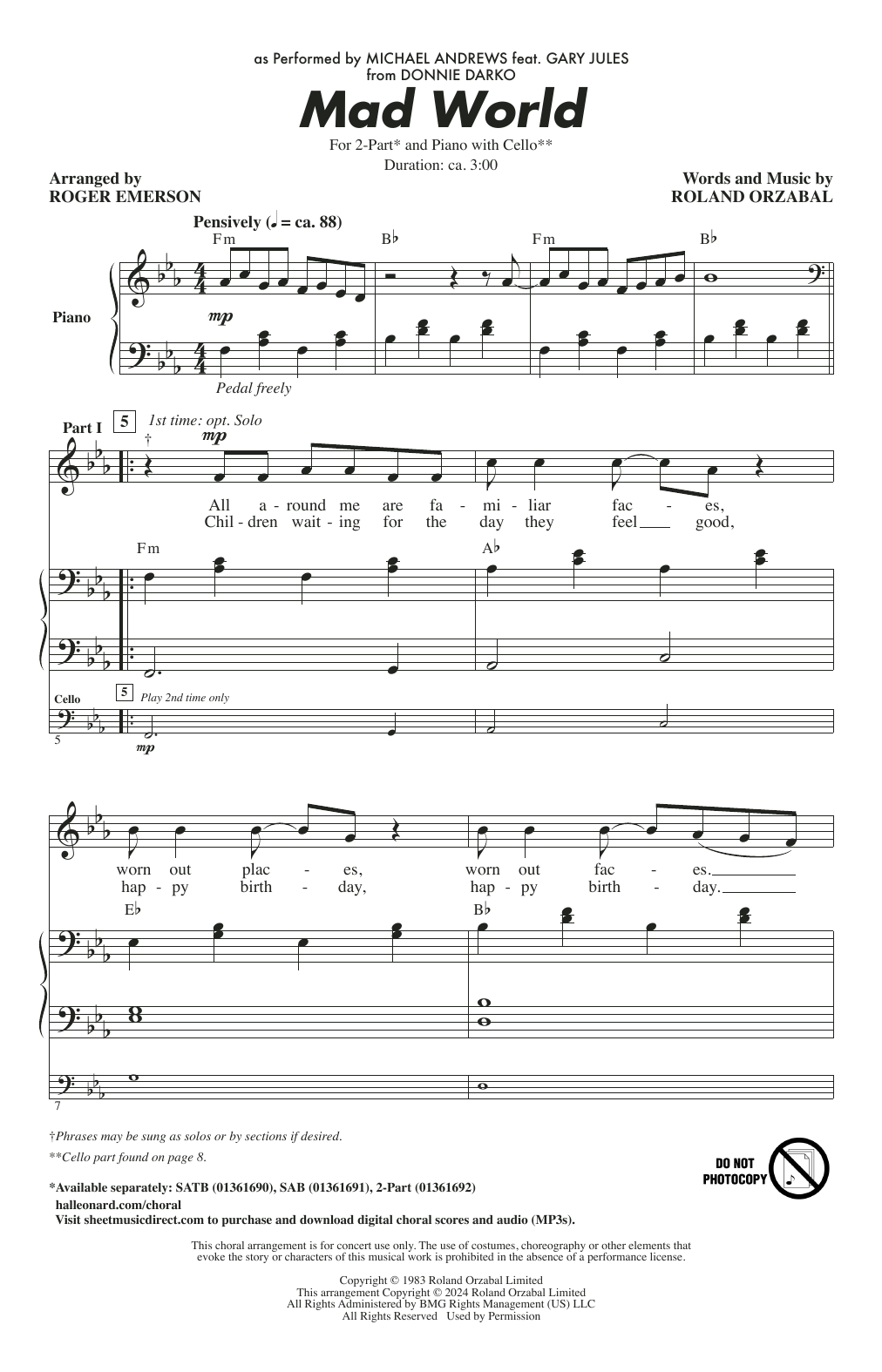 Download Michael Andrews Feat. Gary Jules Mad World (arr. Roger Emerson) Sheet Music and learn how to play SATB Choir PDF digital score in minutes