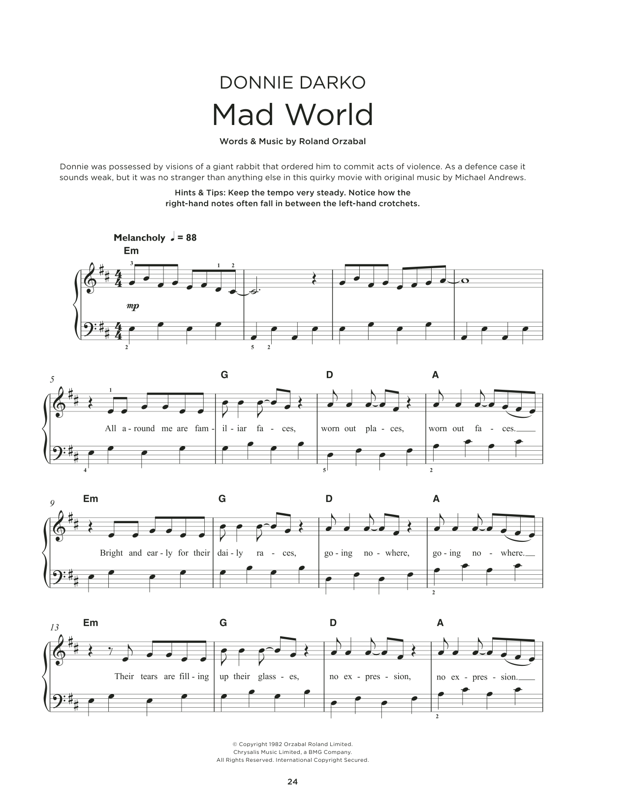 Download Michael Andrews Mad World (feat. Gary Jules) Sheet Music and learn how to play Really Easy Piano PDF digital score in minutes