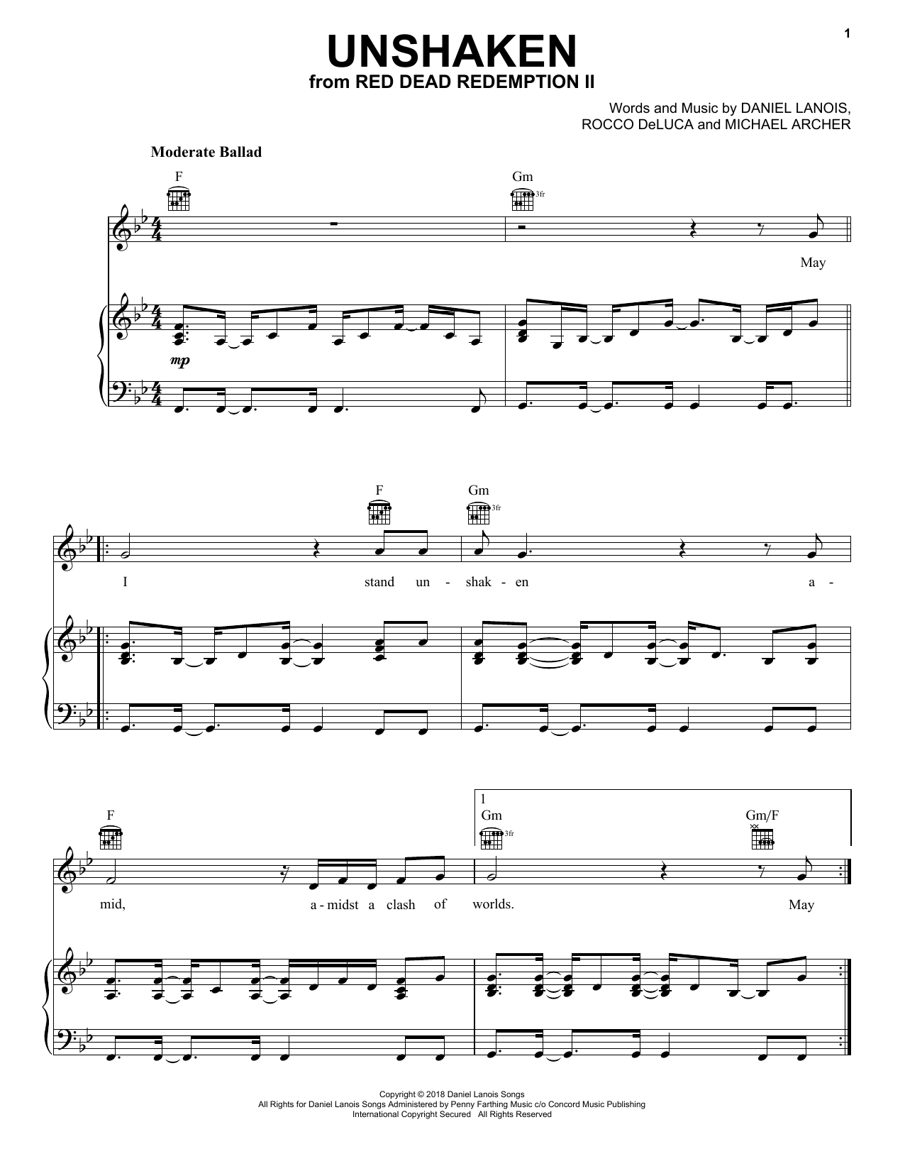 Download Michael Archer Unshaken (from Red Dead Redemption 2) Sheet Music and learn how to play Piano, Vocal & Guitar Chords (Right-Hand Melody) PDF digital score in minutes