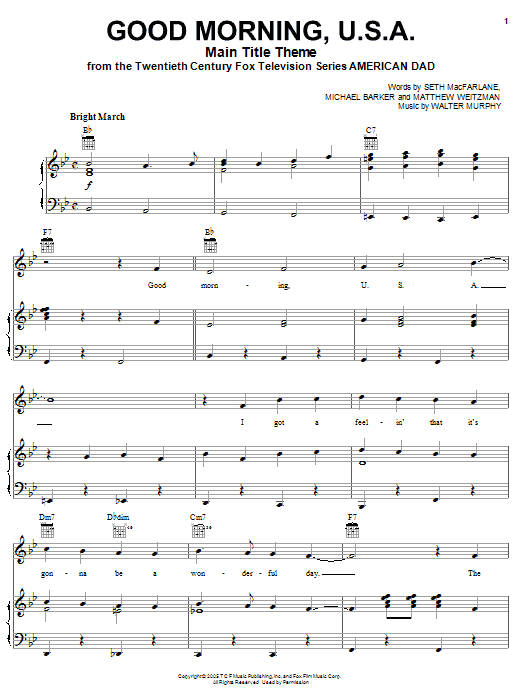 Download Seth MacFarlane American Dad - Main Title Theme (Good Morning U.S.A.) Sheet Music and learn how to play Piano, Vocal & Guitar (Right-Hand Melody) PDF digital score in minutes