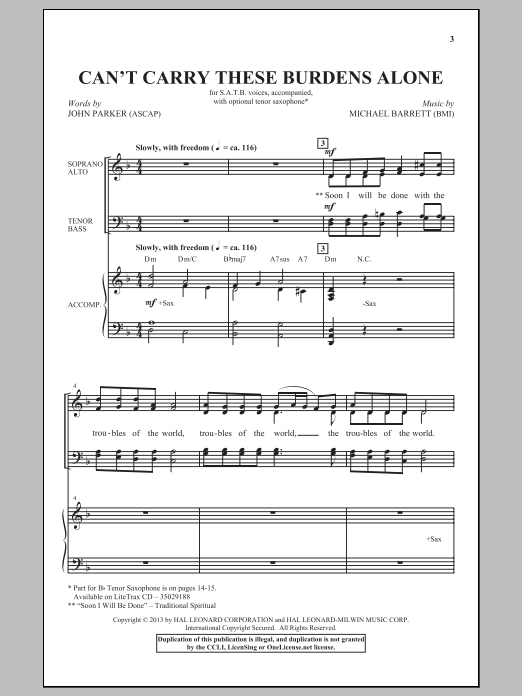 Download Michael Barrett Can't Carry These Burdens Alone Sheet Music and learn how to play SATB PDF digital score in minutes
