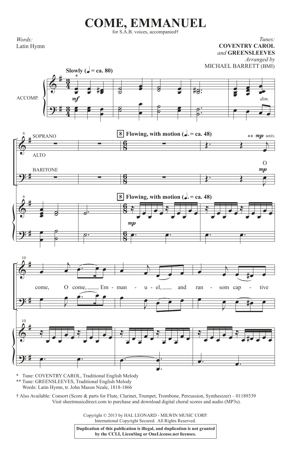 Download Michael Barrett Come, Emmanuel Sheet Music and learn how to play SAB Choir PDF digital score in minutes