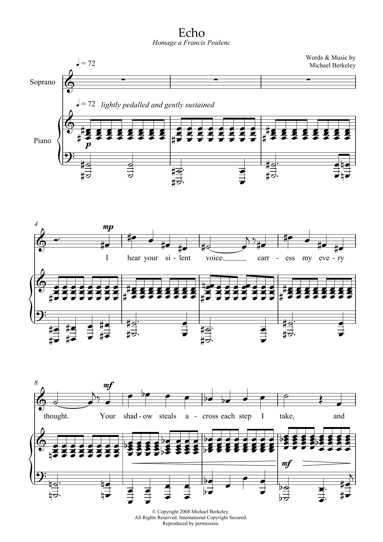 Download Michael Berkeley Echo: hommage a Francis Poulenc (for mezzo-soprano and piano) Sheet Music and learn how to play Piano & Vocal PDF digital score in minutes