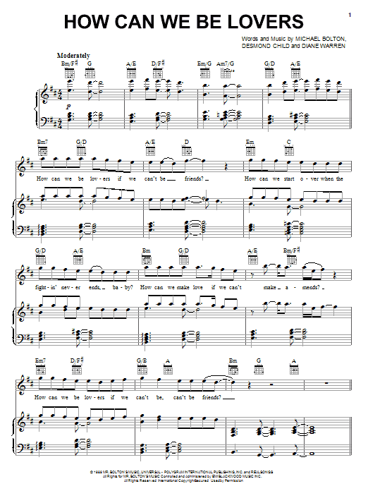 Download Michael Bolton How Can We Be Lovers Sheet Music and learn how to play Piano, Vocal & Guitar (Right-Hand Melody) PDF digital score in minutes