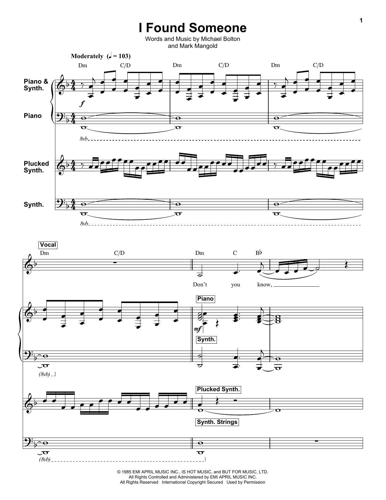 Download Michael Bolton I Found Someone Sheet Music and learn how to play Keyboard Transcription PDF digital score in minutes