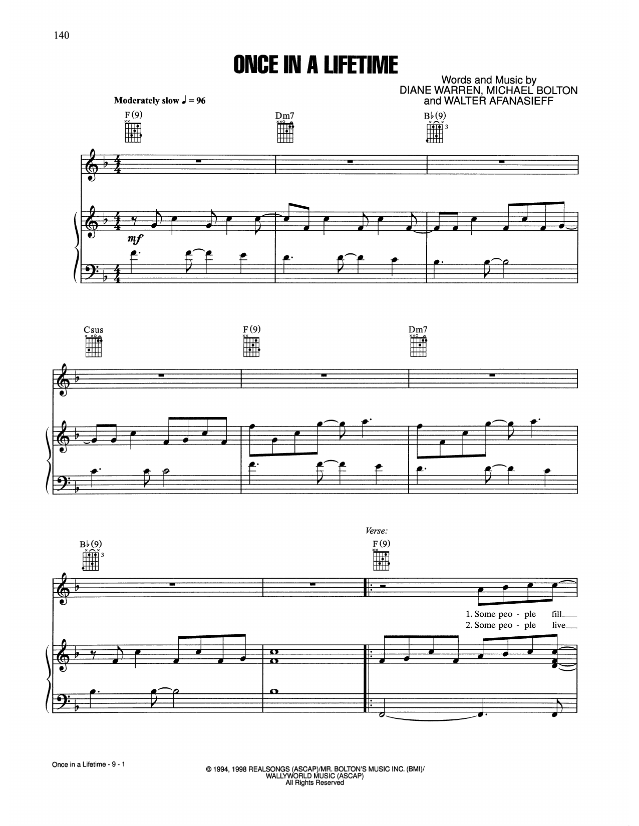 Download Michael Bolton Once In A Lifetime Sheet Music and learn how to play Piano, Vocal & Guitar Chords (Right-Hand Melody) PDF digital score in minutes