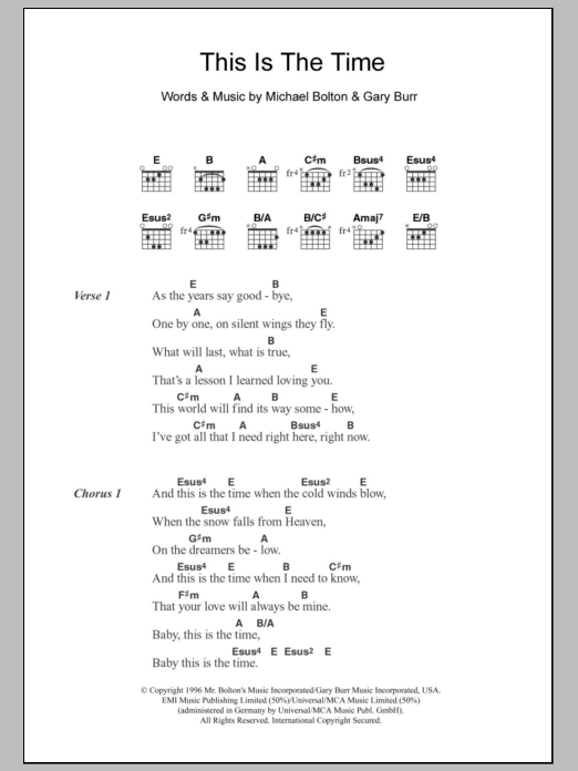 Download Michael Bolton This Is The Time Sheet Music and learn how to play Lyrics & Chords PDF digital score in minutes