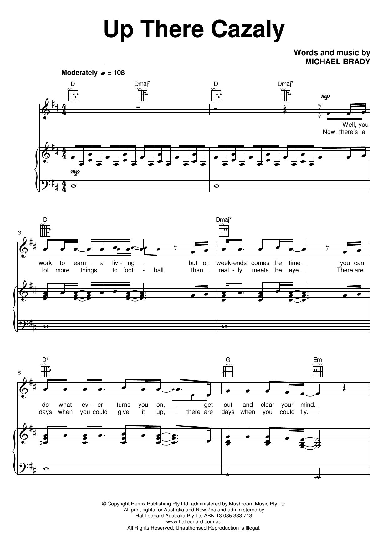 Download Michael Brady Up There Cazaly Sheet Music and learn how to play Piano, Vocal & Guitar (Right-Hand Melody) PDF digital score in minutes