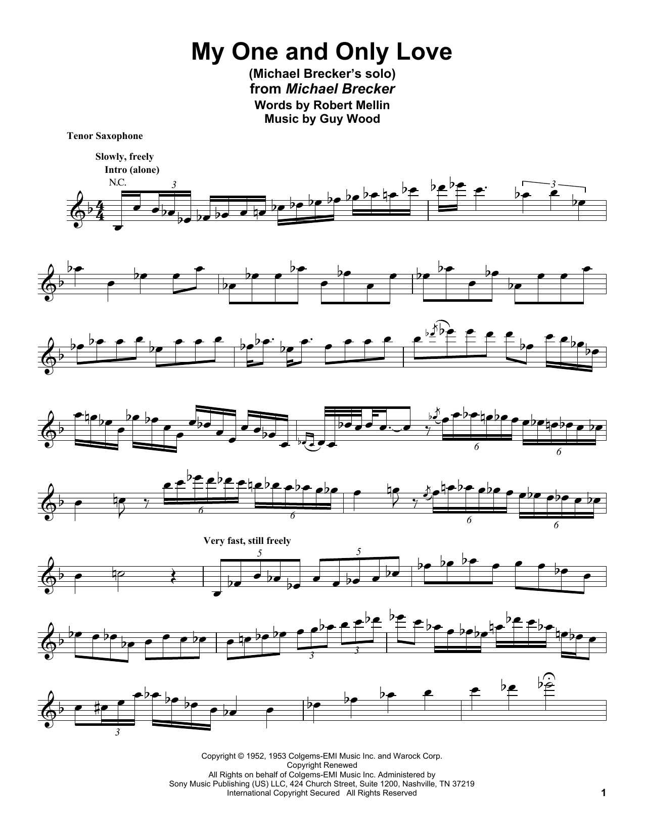 Download Michael Brecker My One And Only Love Sheet Music and learn how to play Tenor Sax Transcription PDF digital score in minutes