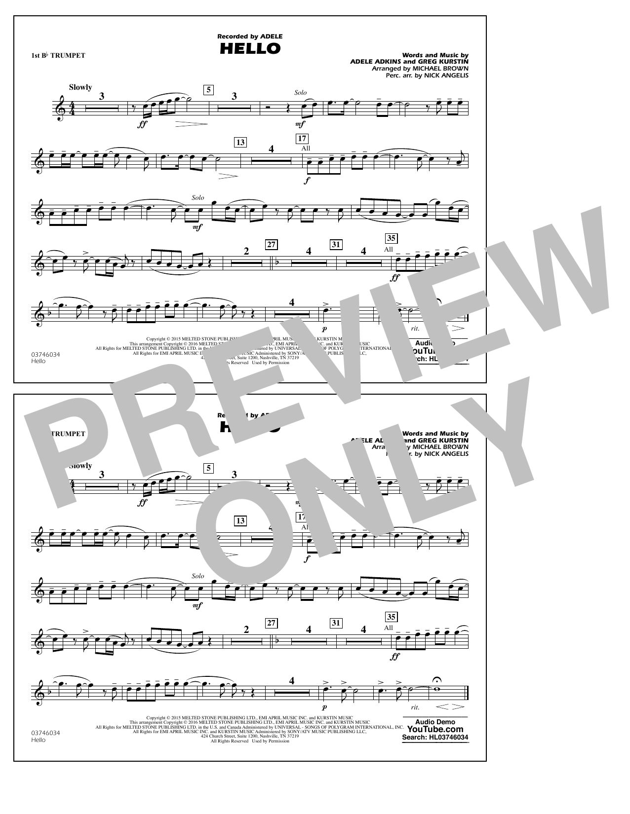 Download Michael Brown Hello - 1st Bb Trumpet Sheet Music and learn how to play Marching Band PDF digital score in minutes