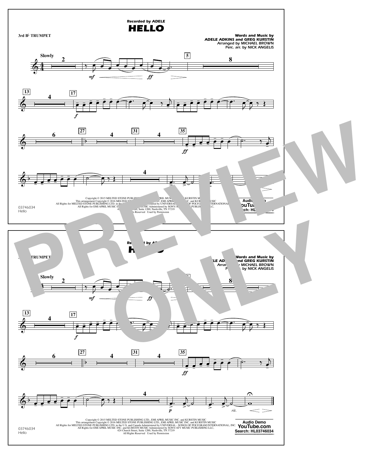 Download Michael Brown Hello - 3rd Bb Trumpet Sheet Music and learn how to play Marching Band PDF digital score in minutes