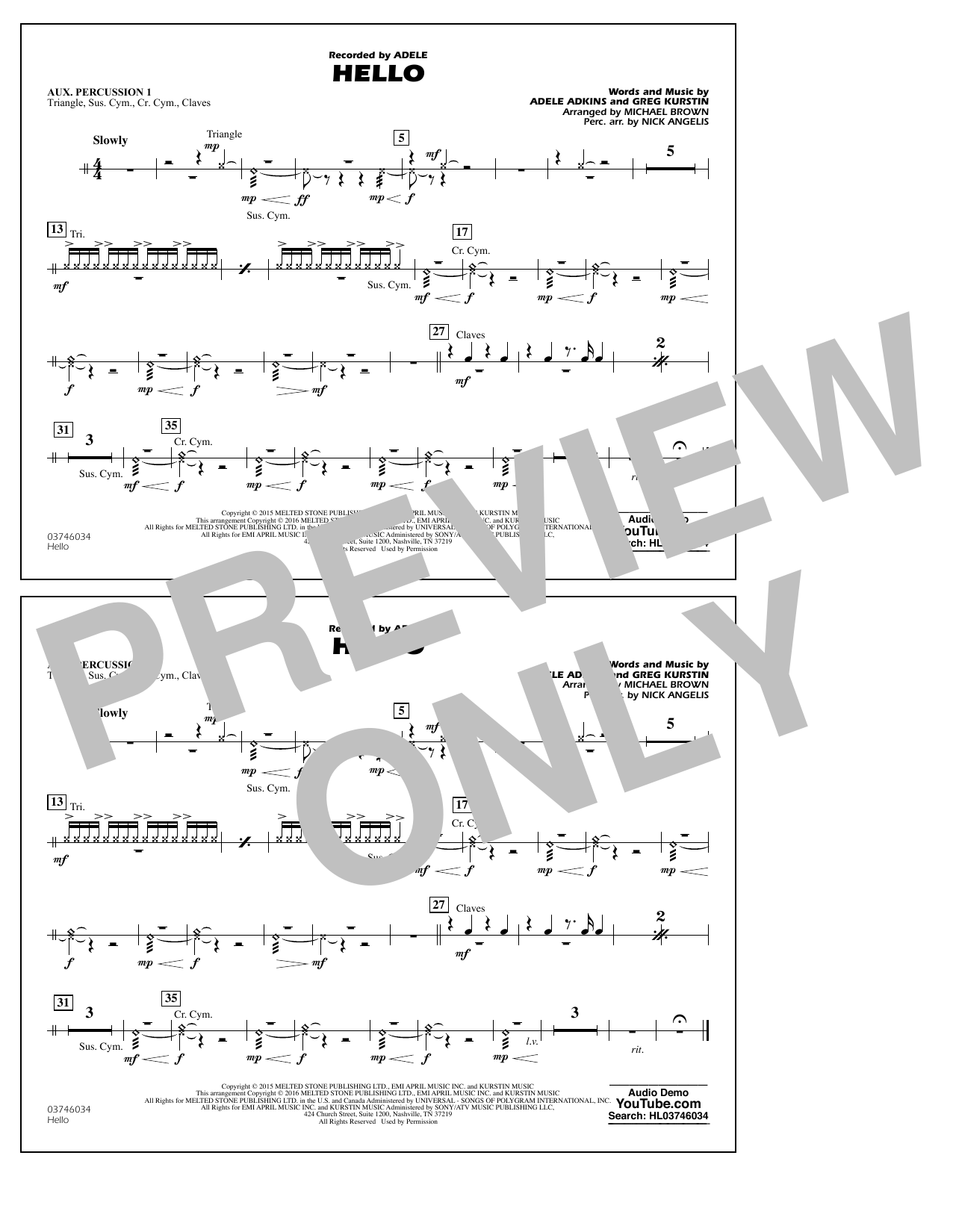Download Michael Brown Hello - Aux. Percussion 1 Sheet Music and learn how to play Marching Band PDF digital score in minutes