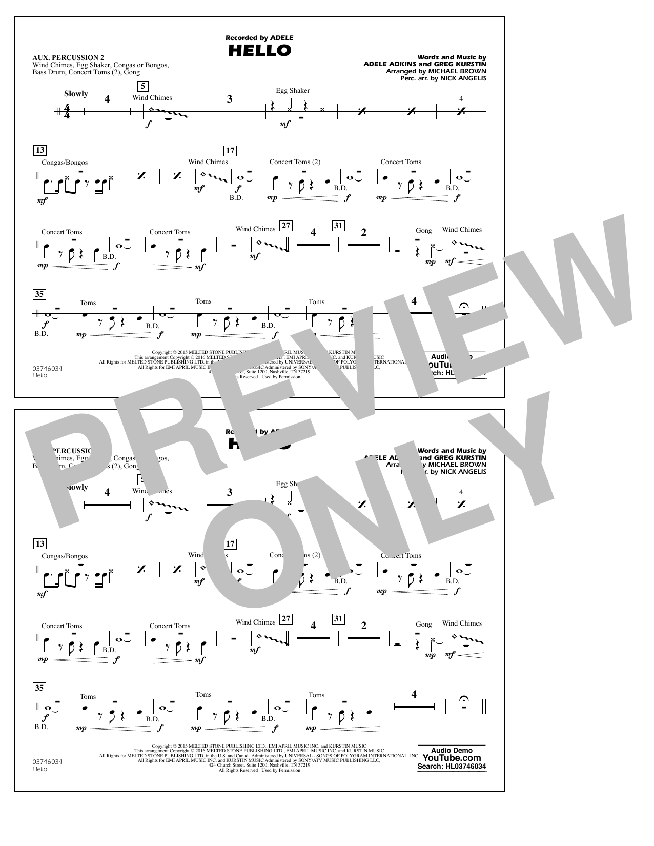 Download Michael Brown Hello - Aux. Percussion 2 Sheet Music and learn how to play Marching Band PDF digital score in minutes