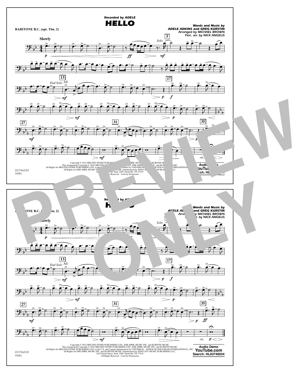 Download Michael Brown Hello - Baritone B.C. (Opt. Tbn. 2) Sheet Music and learn how to play Marching Band PDF digital score in minutes