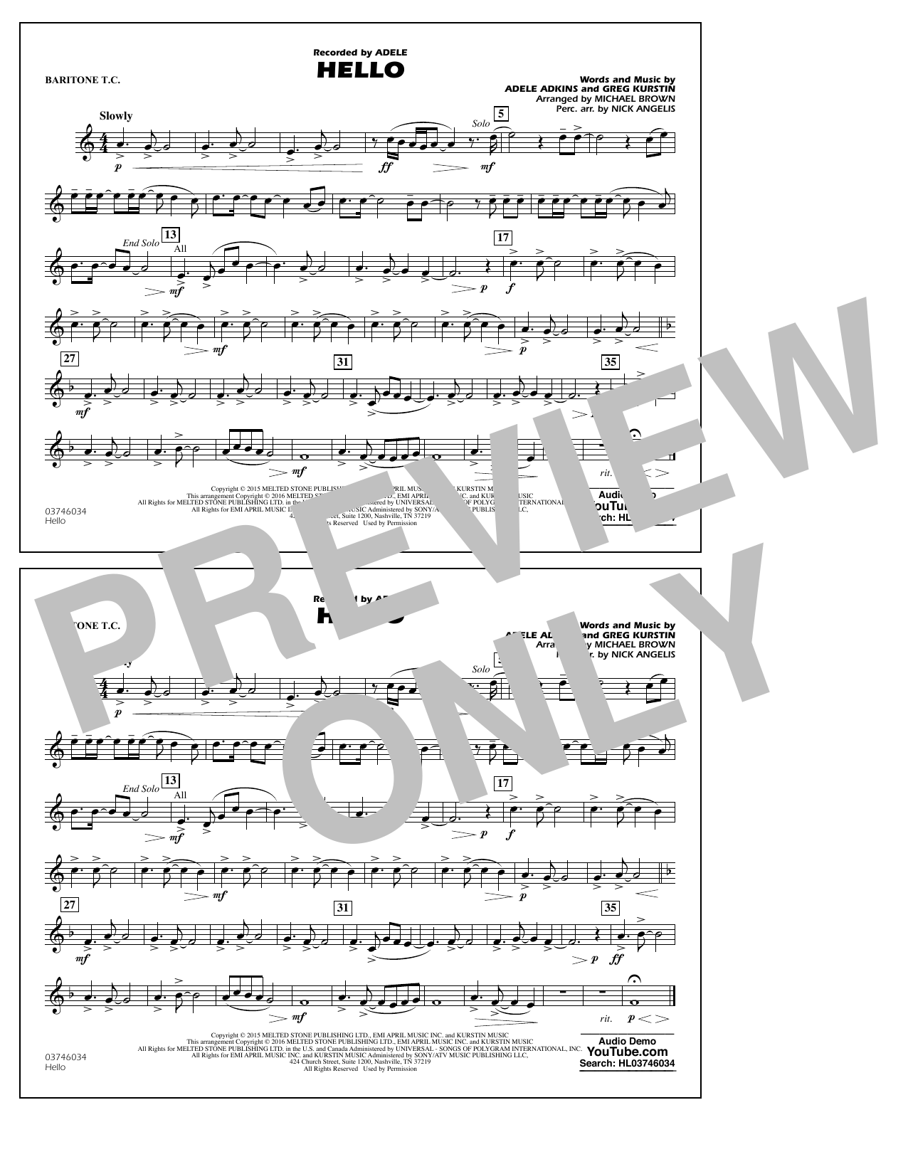 Download Michael Brown Hello - Baritone T.C. Sheet Music and learn how to play Marching Band PDF digital score in minutes