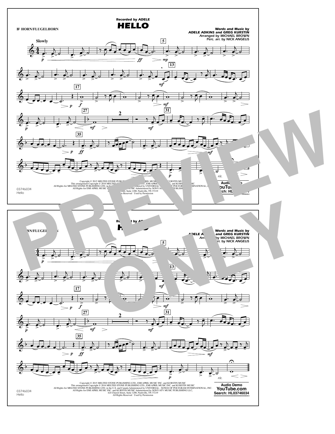 Download Michael Brown Hello - Bb Horn/Flugelhorn Sheet Music and learn how to play Marching Band PDF digital score in minutes