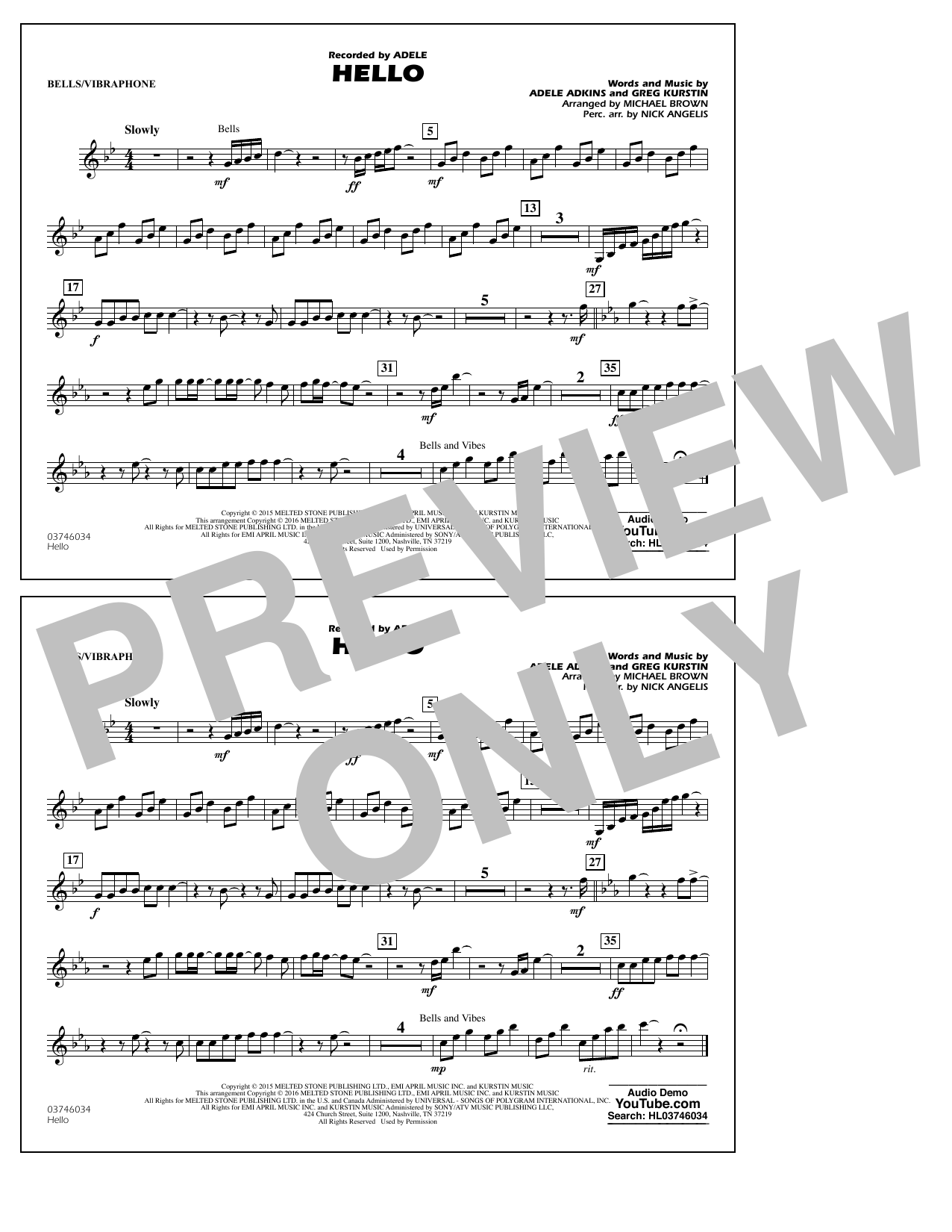 Download Michael Brown Hello - Bells/Vibes Sheet Music and learn how to play Marching Band PDF digital score in minutes