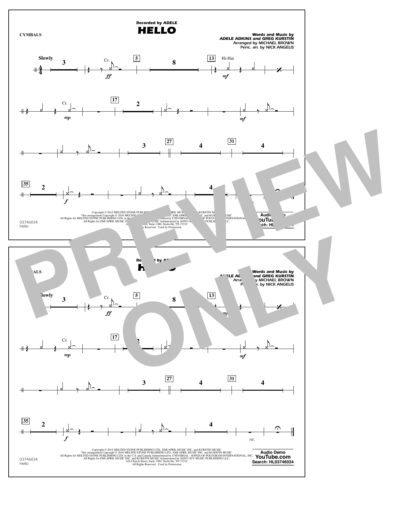 Download Michael Brown Hello - Cymbals Sheet Music and learn how to play Marching Band PDF digital score in minutes