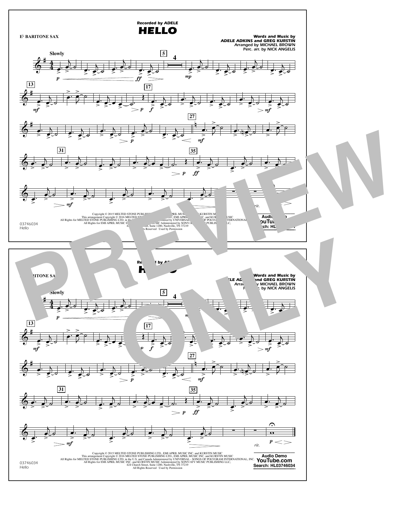 Download Michael Brown Hello - Eb Baritone Sax Sheet Music and learn how to play Marching Band PDF digital score in minutes