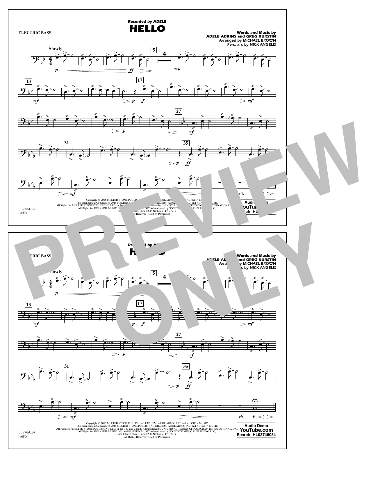 Download Michael Brown Hello - Electric Bass Sheet Music and learn how to play Marching Band PDF digital score in minutes