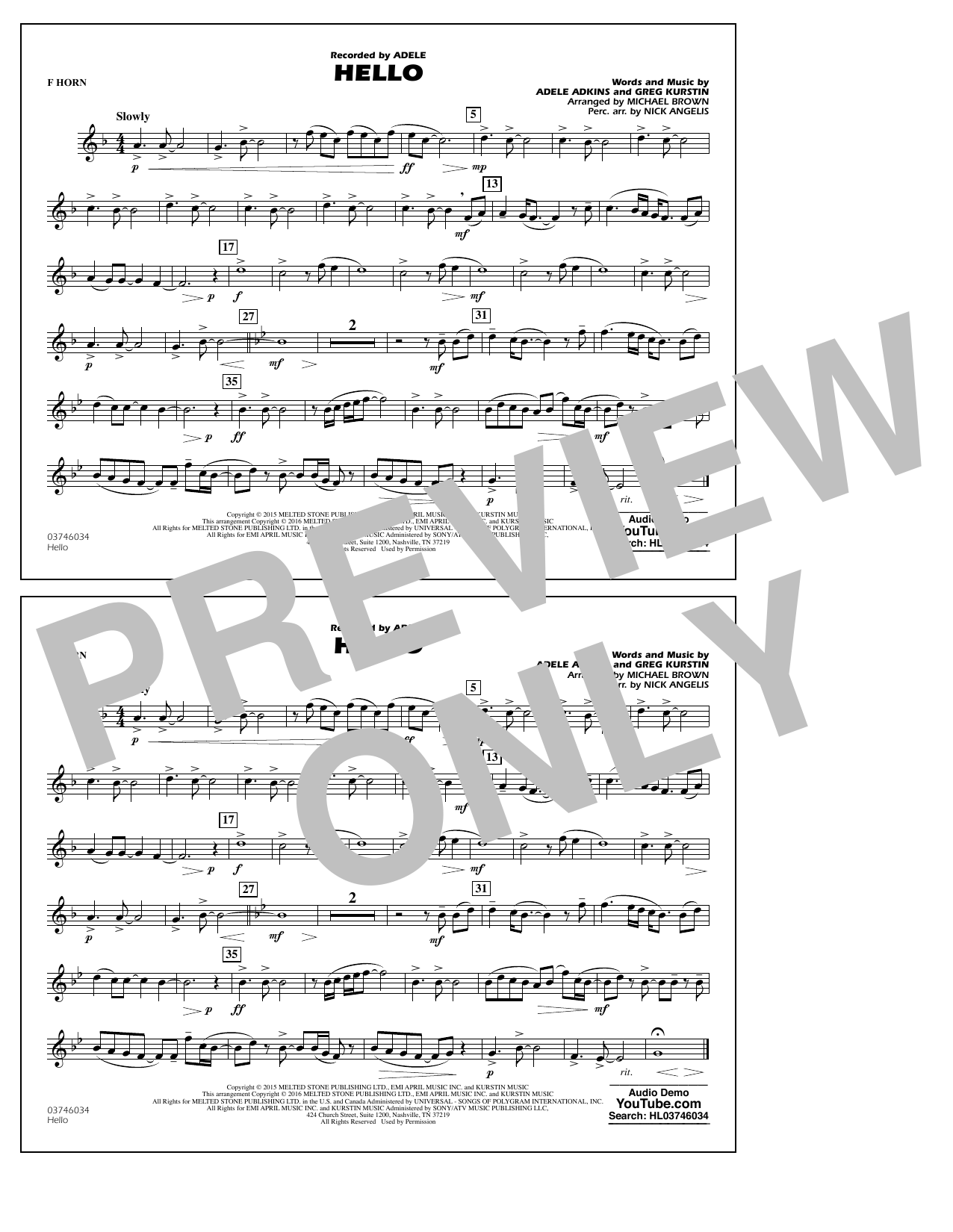 Download Michael Brown Hello - F Horn Sheet Music and learn how to play Marching Band PDF digital score in minutes