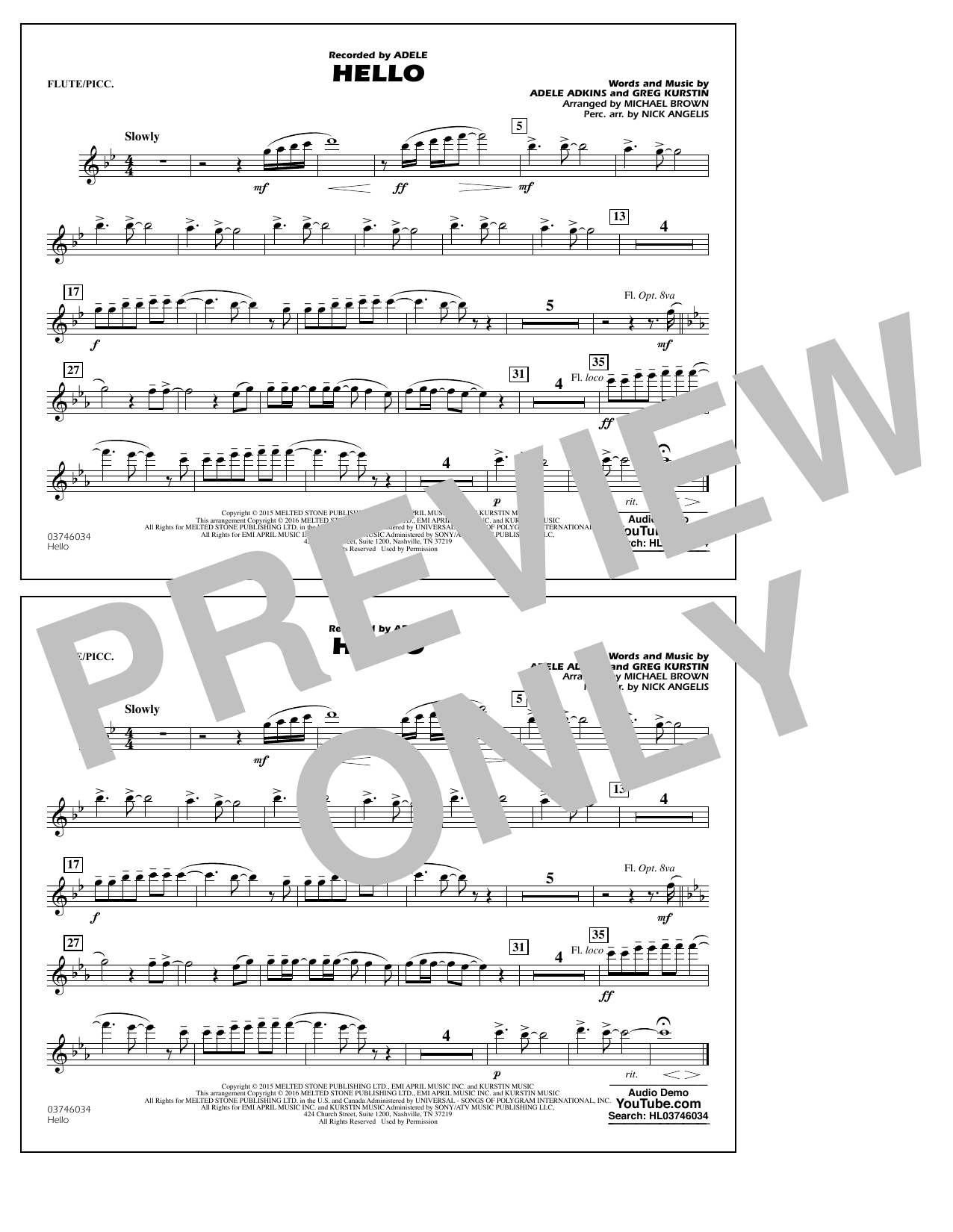 Download Michael Brown Hello - Flute/Piccolo Sheet Music and learn how to play Marching Band PDF digital score in minutes