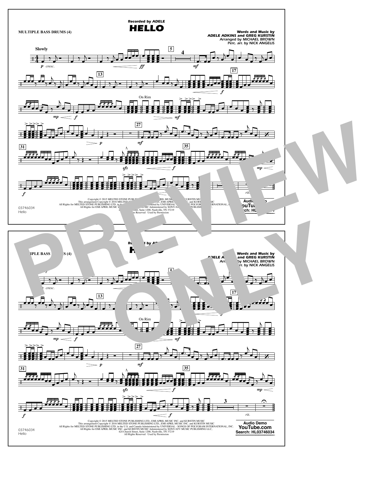Download Michael Brown Hello - Multiple Bass Drums Sheet Music and learn how to play Marching Band PDF digital score in minutes