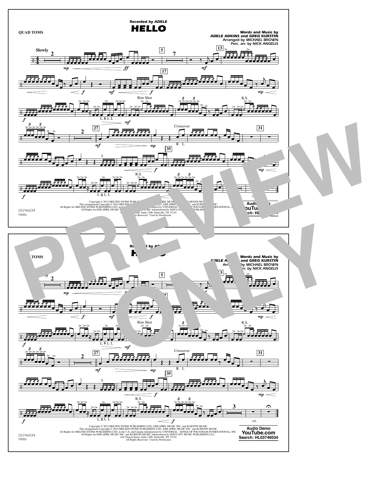Download Michael Brown Hello - Quad Toms Sheet Music and learn how to play Marching Band PDF digital score in minutes