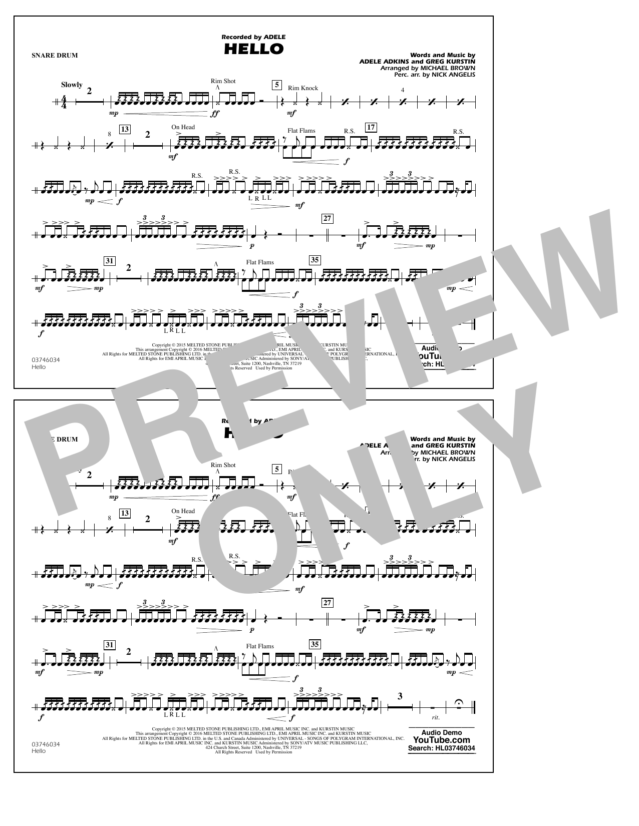 Download Michael Brown Hello - Snare Drum Sheet Music and learn how to play Marching Band PDF digital score in minutes