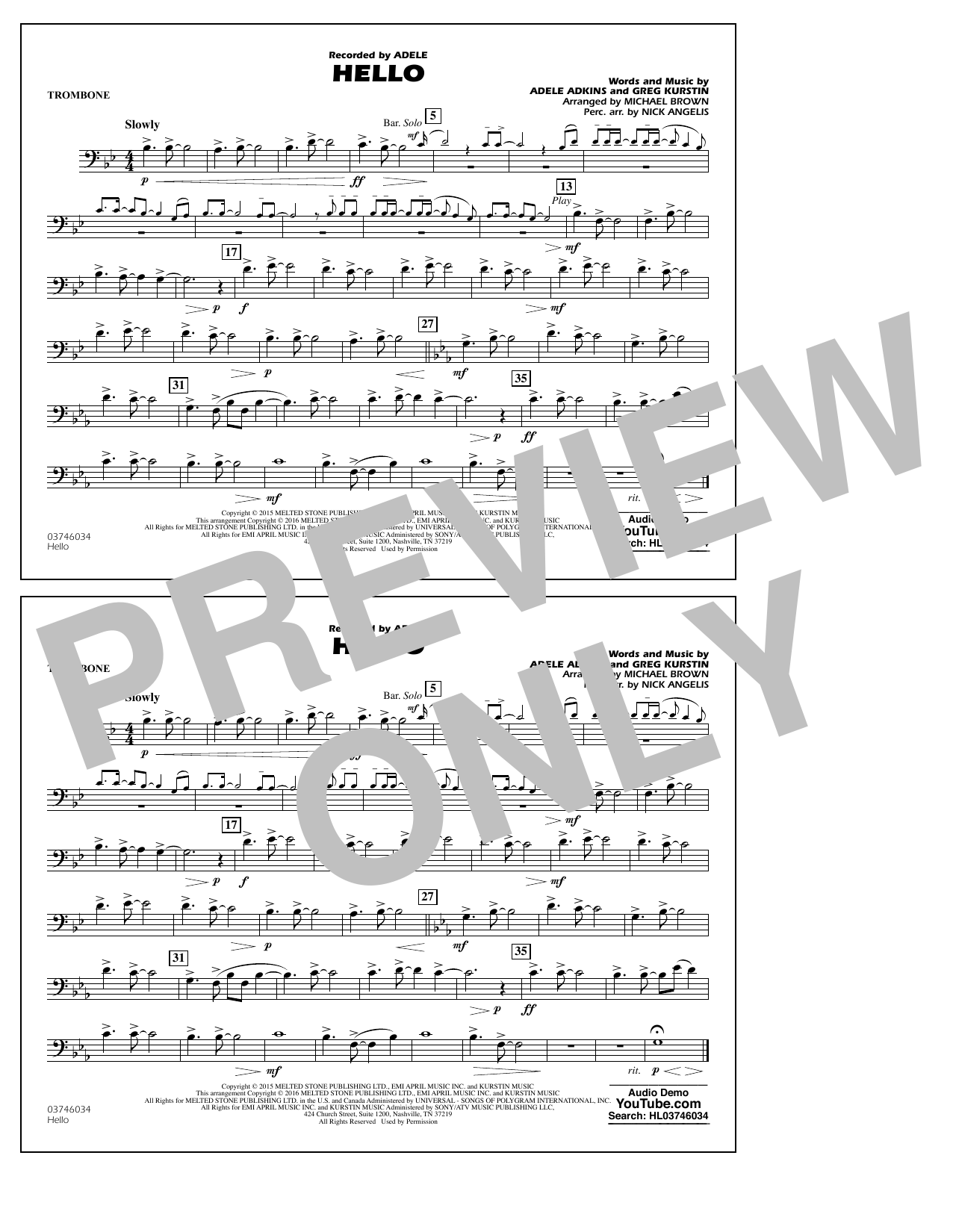 Download Michael Brown Hello - Trombone Sheet Music and learn how to play Marching Band PDF digital score in minutes