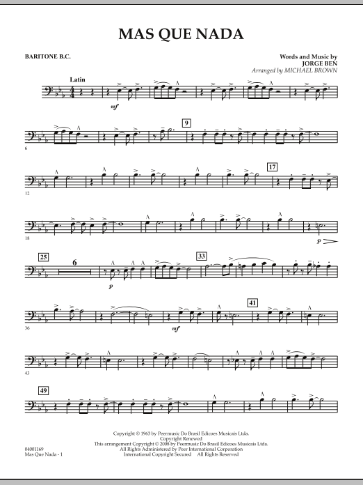 Download Michael Brown Mas Que Nada - Baritone B.C. Sheet Music and learn how to play Concert Band PDF digital score in minutes