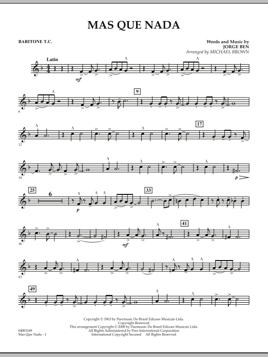 Download Michael Brown Mas Que Nada - Baritone T.C. Sheet Music and learn how to play Concert Band PDF digital score in minutes