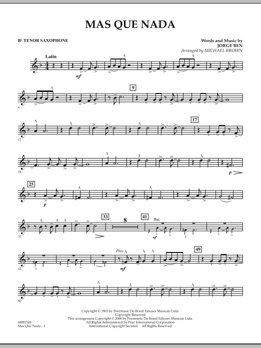 Download Michael Brown Mas Que Nada - Bb Tenor Saxophone Sheet Music and learn how to play Concert Band PDF digital score in minutes