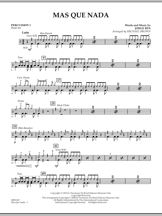 Download Michael Brown Mas Que Nada - Percussion 1 Sheet Music and learn how to play Concert Band PDF digital score in minutes