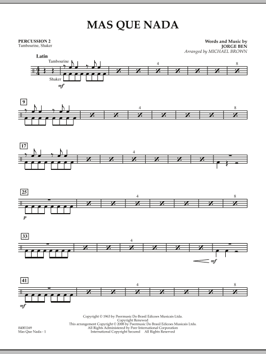 Download Michael Brown Mas Que Nada - Percussion 2 Sheet Music and learn how to play Concert Band PDF digital score in minutes