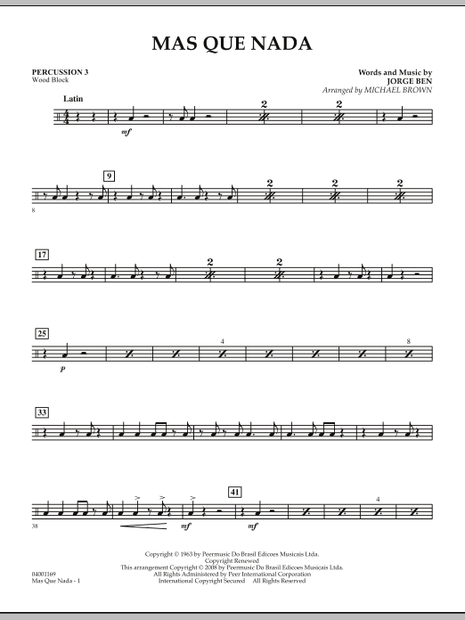 Download Michael Brown Mas Que Nada - Percussion 3 Sheet Music and learn how to play Concert Band PDF digital score in minutes