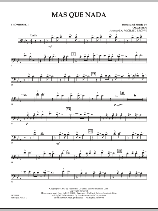 Download Michael Brown Mas Que Nada - Trombone 1 Sheet Music and learn how to play Concert Band PDF digital score in minutes