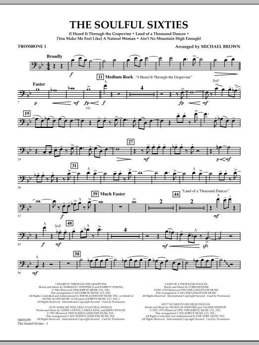 Download Michael Brown The Soulful Sixties - Trombone 1 Sheet Music and learn how to play Concert Band PDF digital score in minutes