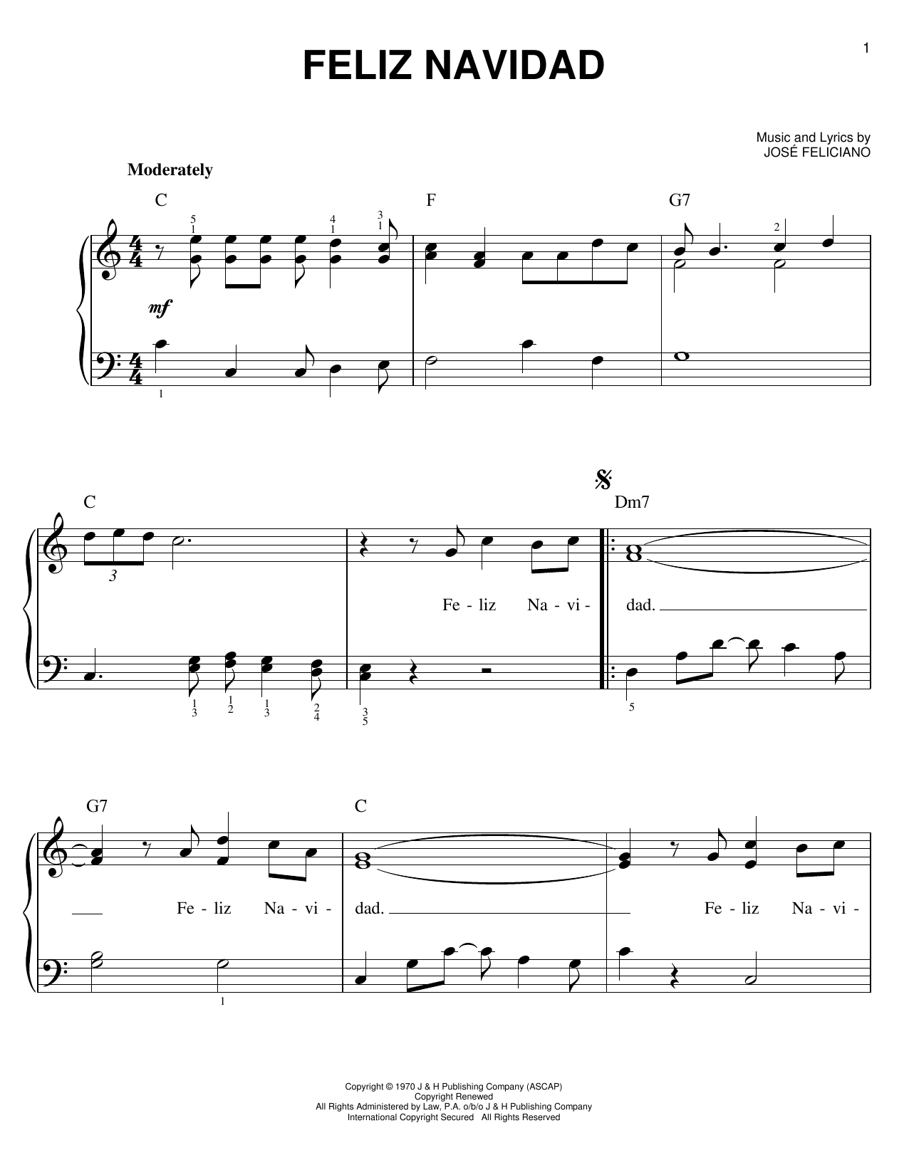 Download Jose Feliciano Feliz Navidad Sheet Music and learn how to play Easy Piano PDF digital score in minutes