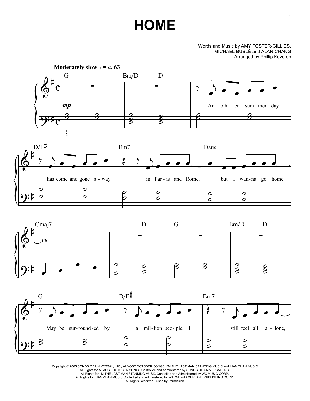 Download Michael Buble Home (arr. Phillip Keveren) Sheet Music and learn how to play Easy Piano PDF digital score in minutes