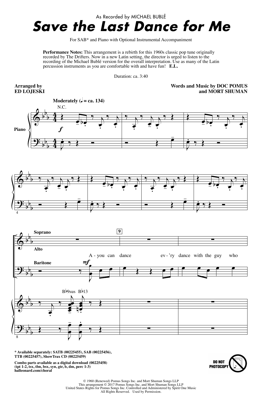 Download Ed Lojeski Save The Last Dance For Me Sheet Music and learn how to play TTBB PDF digital score in minutes