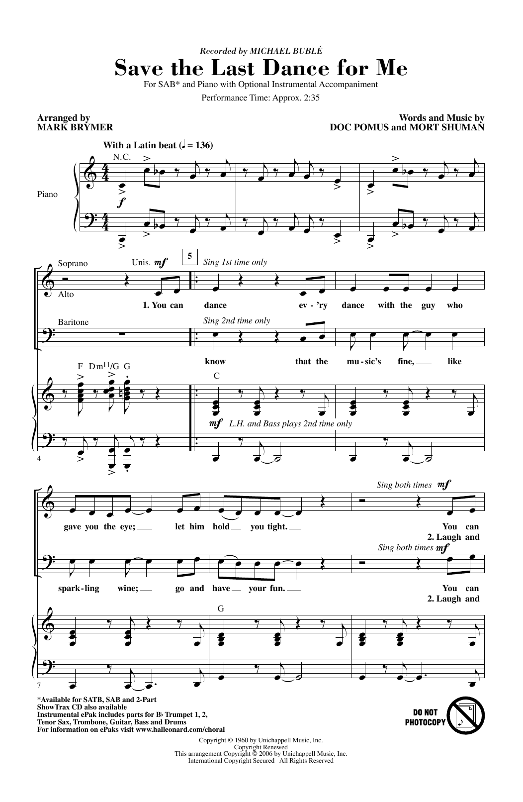 Download Michael Buble Save The Last Dance For Me (arr. Mark Brymer) Sheet Music and learn how to play 2-Part Choir PDF digital score in minutes