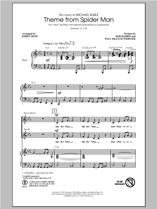 Download Kirby Shaw Theme From Spider Man Sheet Music and learn how to play 2-Part Choir PDF digital score in minutes